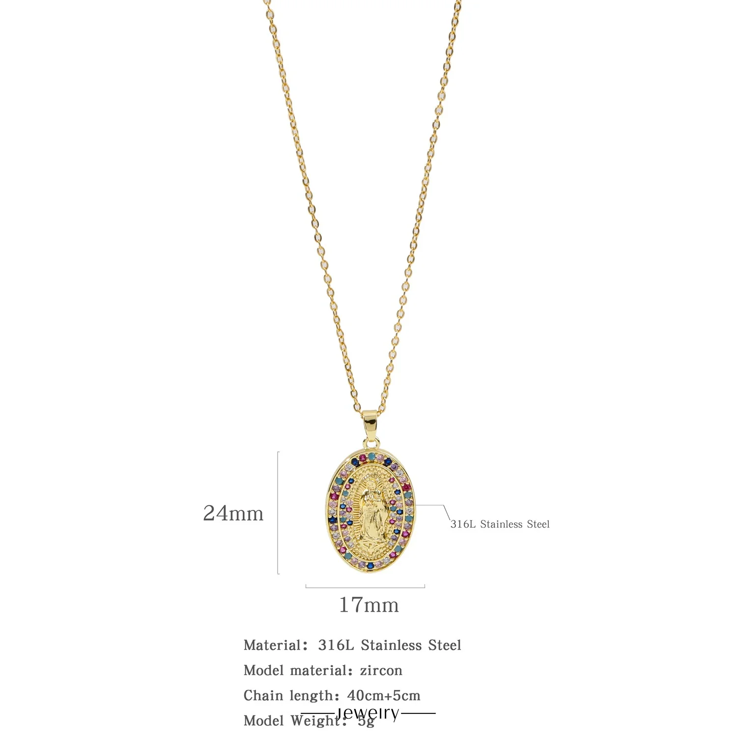 Fashion Virgin Pendant Stainless Steel Waterproof Fadeless Copper Zirconium Jewelry Color Diamond Series Electroplated Ochain Necklace - Image 7