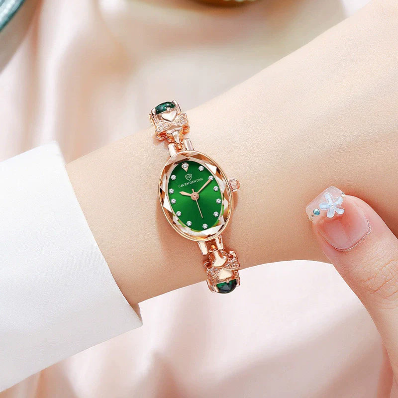 Fashion Waterproof Emerald Decorative Women's Quartz Watch With Alloy Case And Strap Oval Dial Mineral Reinforced Glass Mirror Stainless Steel Jewelry Buckle - Image 2