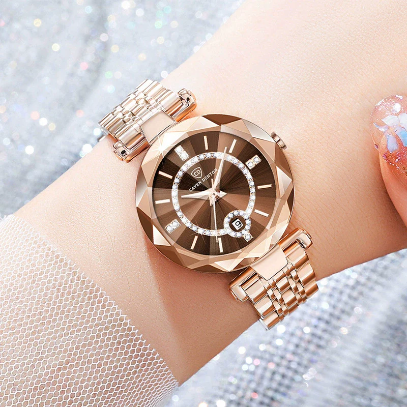 Fashion Waterproof Ladies Quartz Calendar Watch With Star Drill Surface Solid Stainless Steel Band Mineral Strengthened Glass Mirror And Alloy Case - Image 4