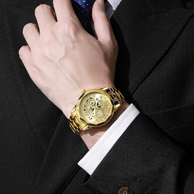 Fashion Waterproof Luminous Automatic Quartz Relief Hollow Alloy Men's Watch With Mineral Reinforced Glass Mirror And Stainless Steel Buckle