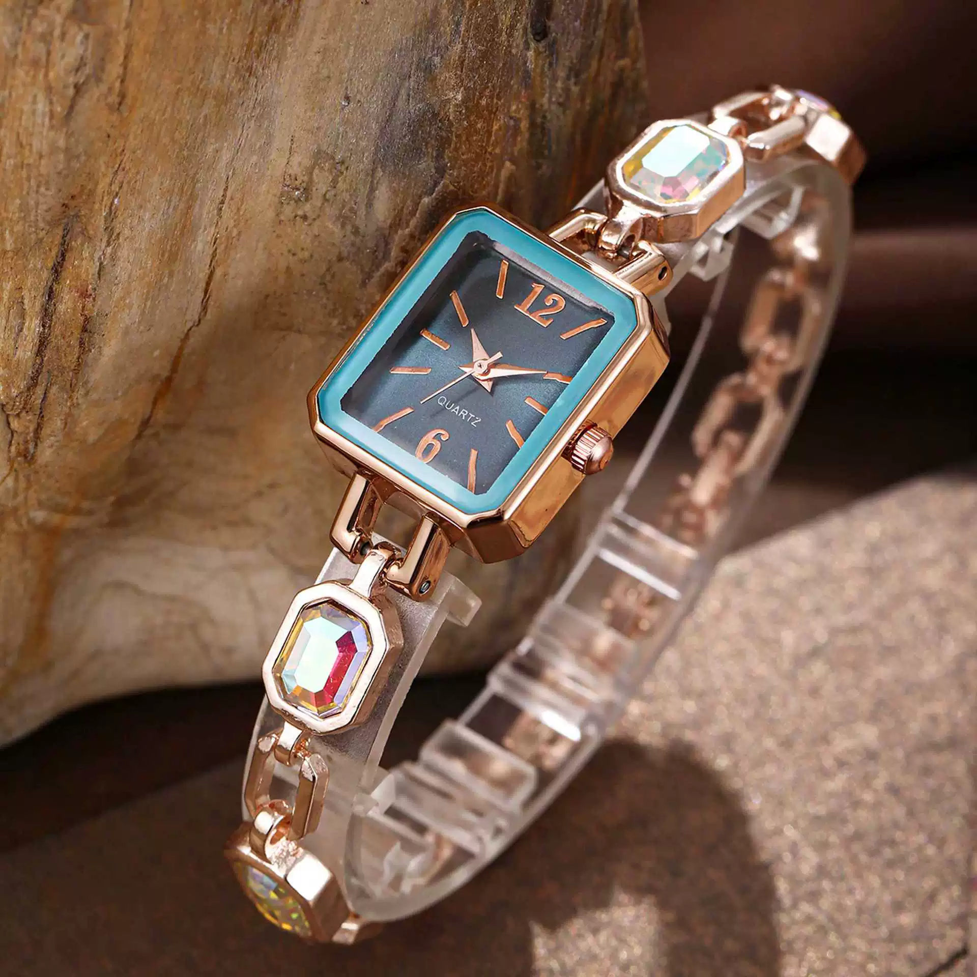 Fashion Women's Alloy Bracelet Watch With Square Dial And Colorful Gemstone - Image 3