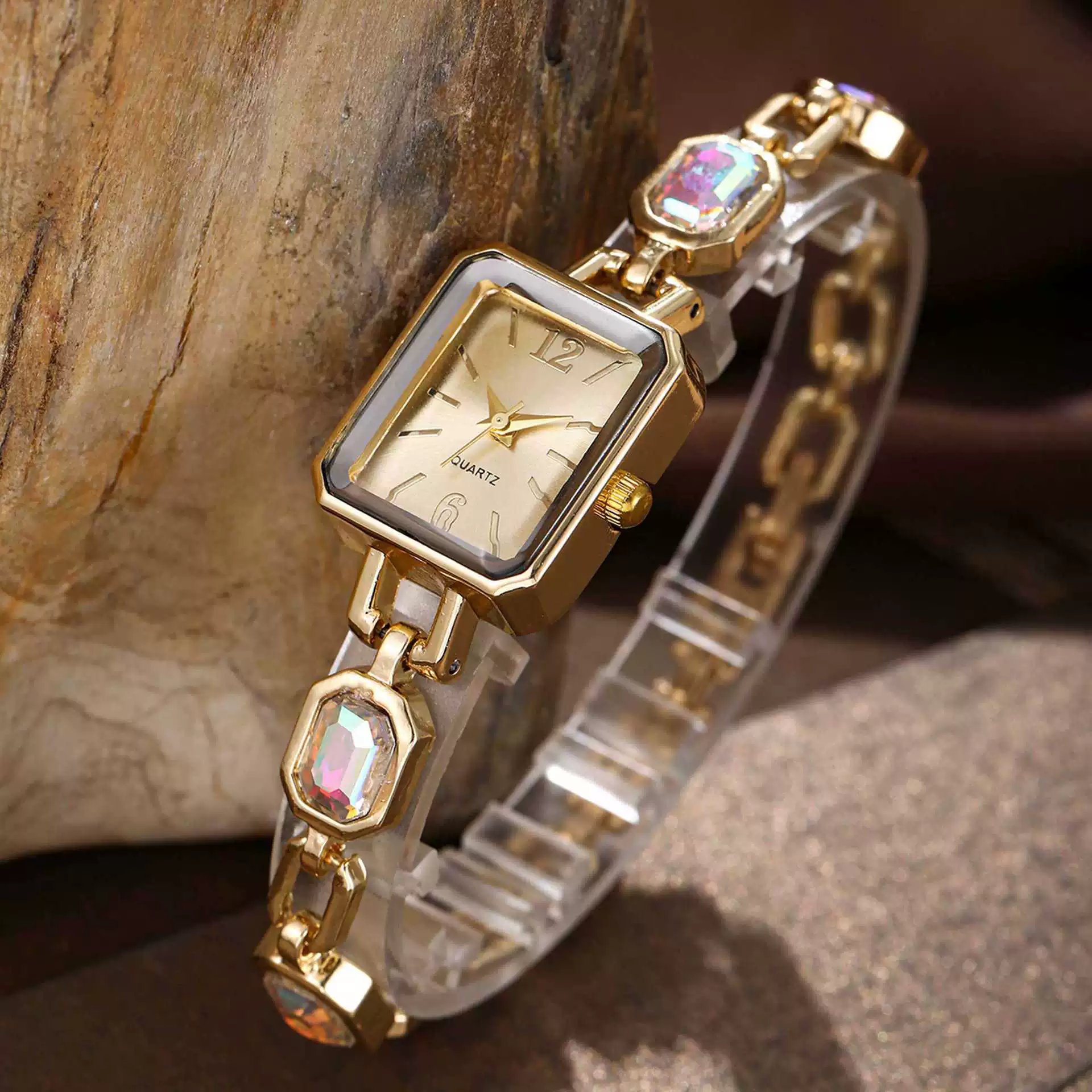 Fashion Women's Alloy Bracelet Watch With Square Dial And Colorful Gemstone - Image 4