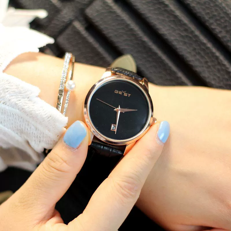 Fashion Women's Alloy Case Genuine Leather Belt Round Dial Rose Gold Thin Simple Watch - Image 2