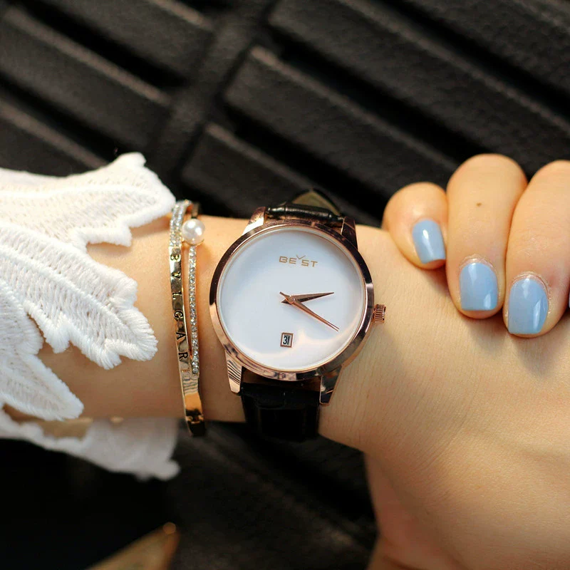Fashion Women's Alloy Case Genuine Leather Belt Round Dial Rose Gold Thin Simple Watch - Image 4
