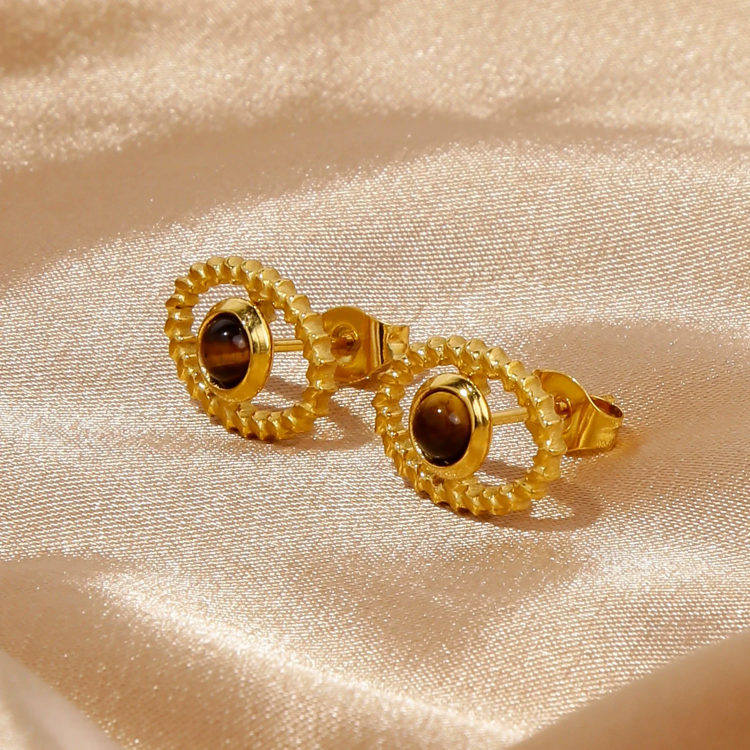 Fashion Women's Geometric Stainless Steel Electroplated Brown Gemstone Earrings - Image 2