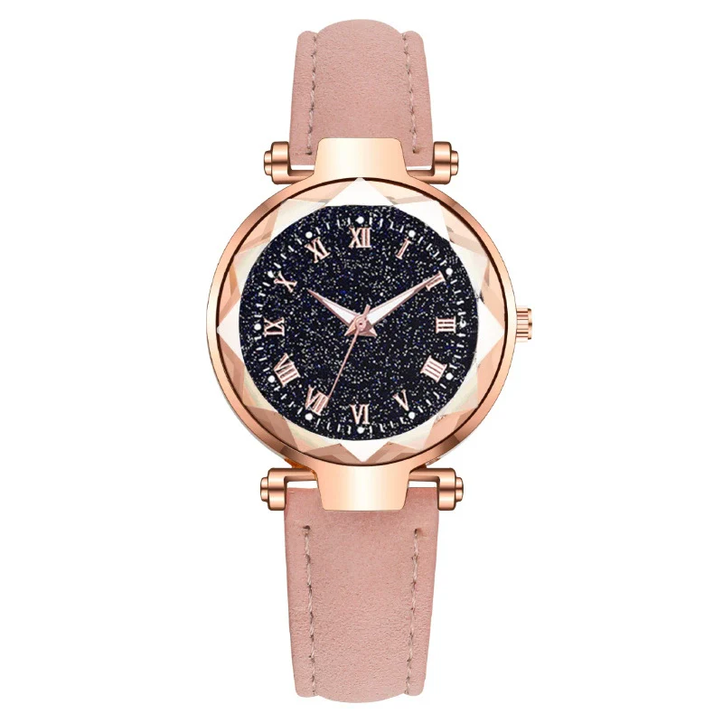 Fashion Women's Quartz Watch With Starry Sky Roman Pattern Leather Strap Alloy Case