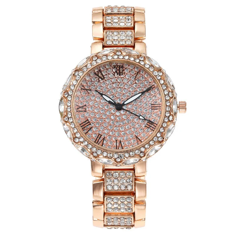 Fashion Women's Watch With Roman Pattern Diamondencrusted Metal Case And Strap Copper Clasp Round Dial Mineral Strengthened Glass Mirror