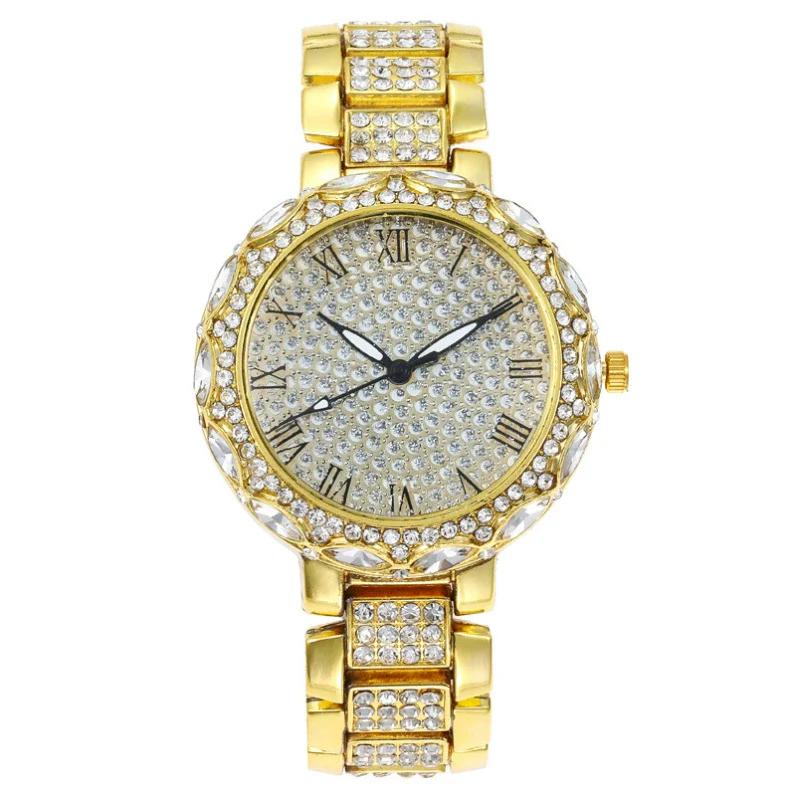 Fashion Women's Watch With Roman Pattern Diamondencrusted Metal Case And Strap Copper Clasp Round Dial Mineral Strengthened Glass Mirror - Image 2
