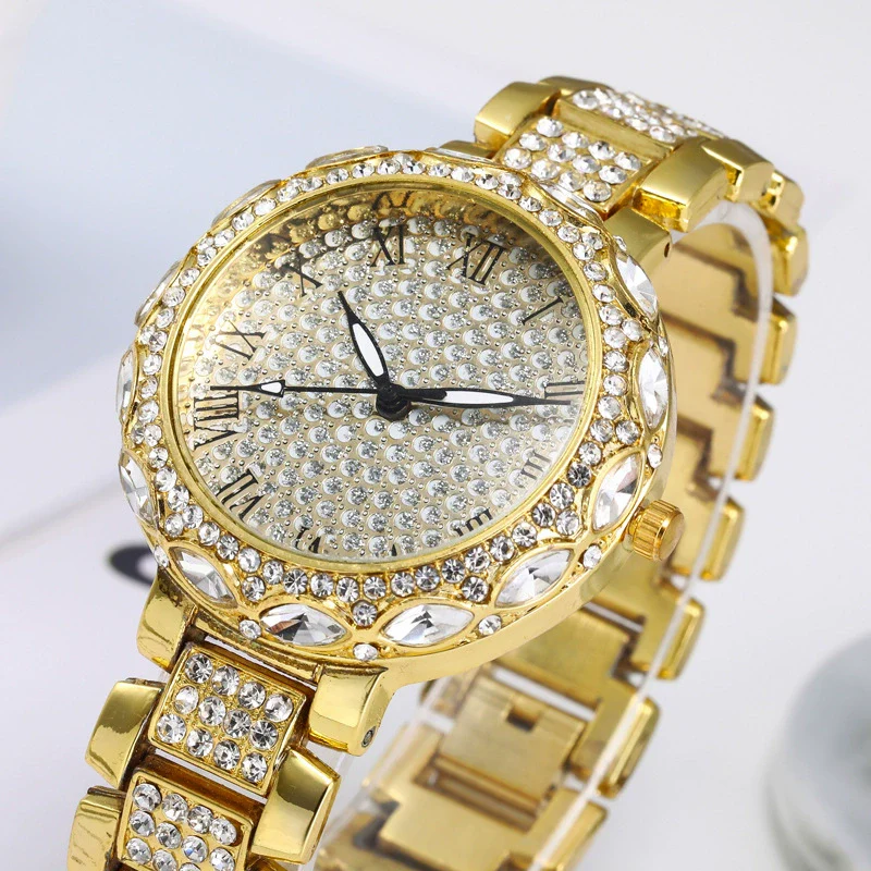 Fashion Women's Watch With Roman Pattern Diamondencrusted Metal Case And Strap Copper Clasp Round Dial Mineral Strengthened Glass Mirror - Image 3