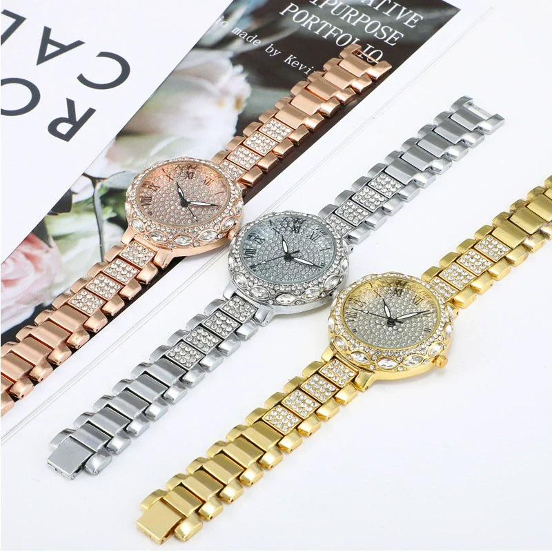 Fashion Women's Watch With Roman Pattern Diamondencrusted Metal Case And Strap Copper Clasp Round Dial Mineral Strengthened Glass Mirror - Image 4