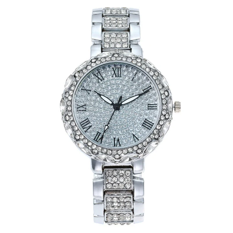 Fashion Women's Watch With Roman Pattern Diamondencrusted Metal Case And Strap Copper Clasp Round Dial Mineral Strengthened Glass Mirror - Image 5