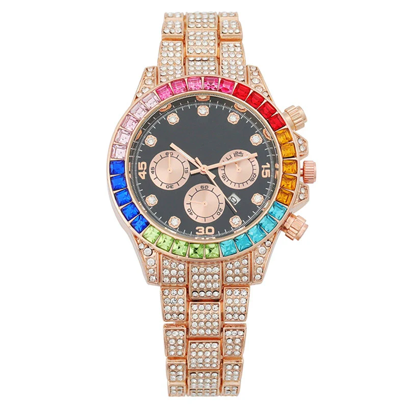 Fashion Women's Watch With Round Dial Alloy Case And Titanium Metal Clasp Set With Colored Diamonds