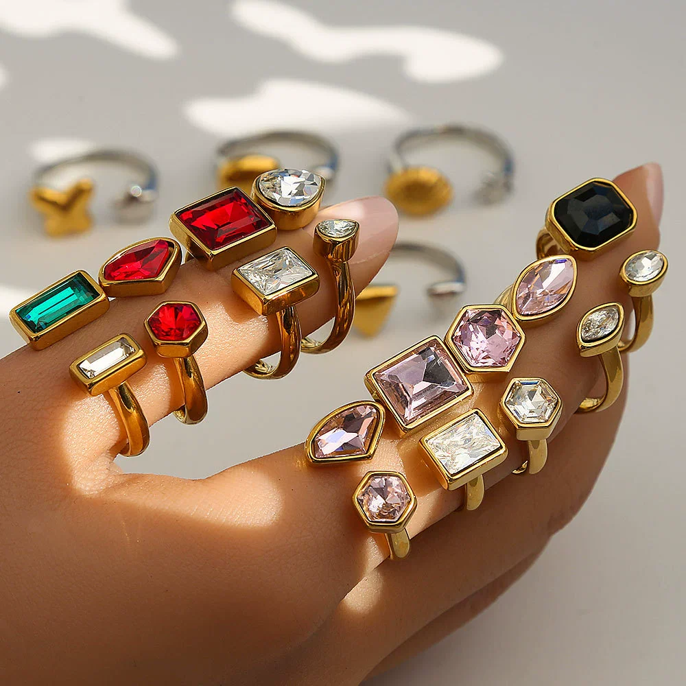 Fashionable Antique Electroplated Geometric Natural Semiprecious Stone Hexagonal Rhombus Ring Unisex Accessories - Image 2