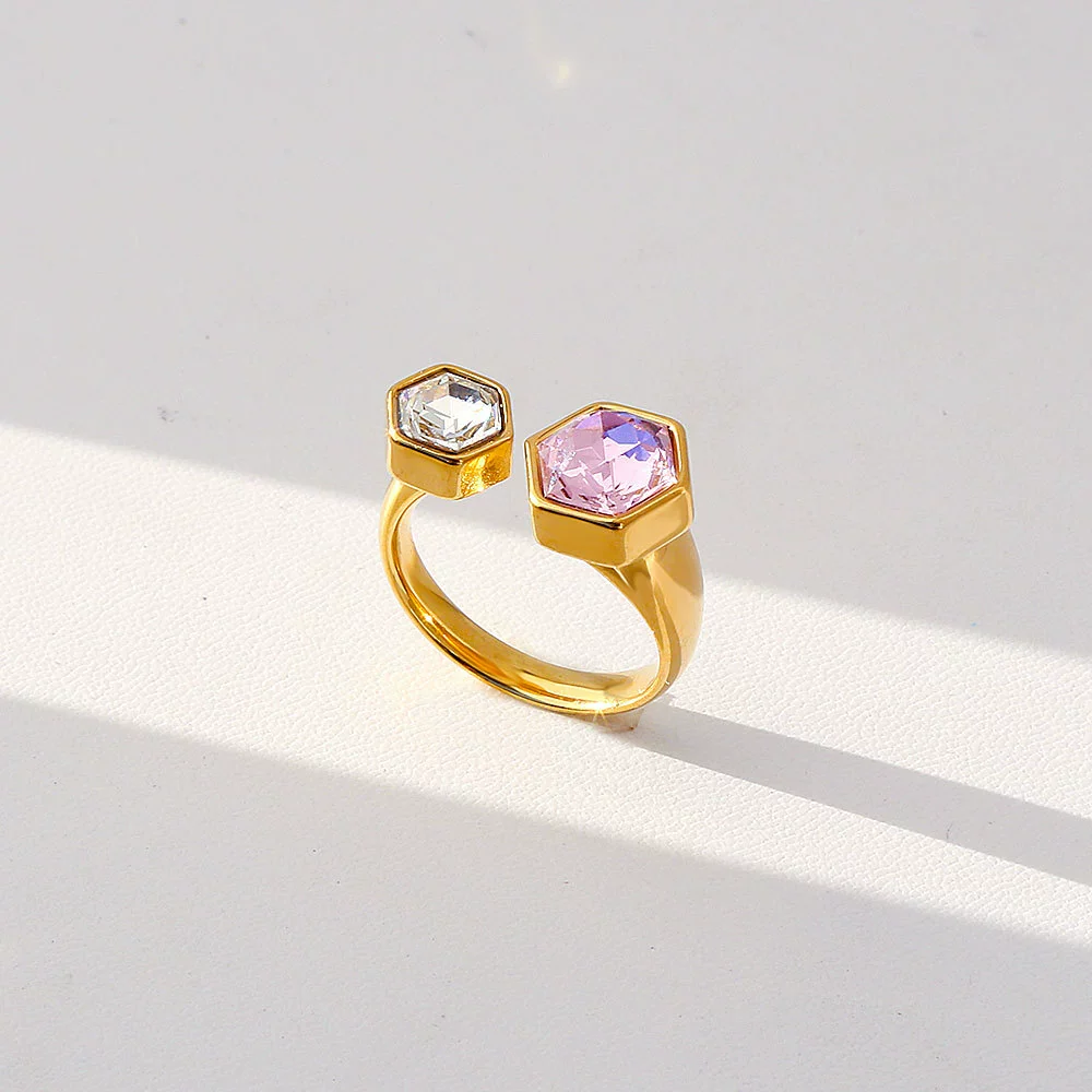 Fashionable Antique Electroplated Geometric Natural Semiprecious Stone Hexagonal Rhombus Ring Unisex Accessories - Image 23