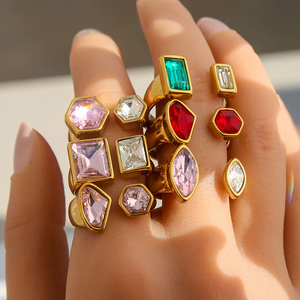 Fashionable Antique Electroplated Geometric Natural Semiprecious Stone Hexagonal Rhombus Ring Unisex Accessories - Image 3
