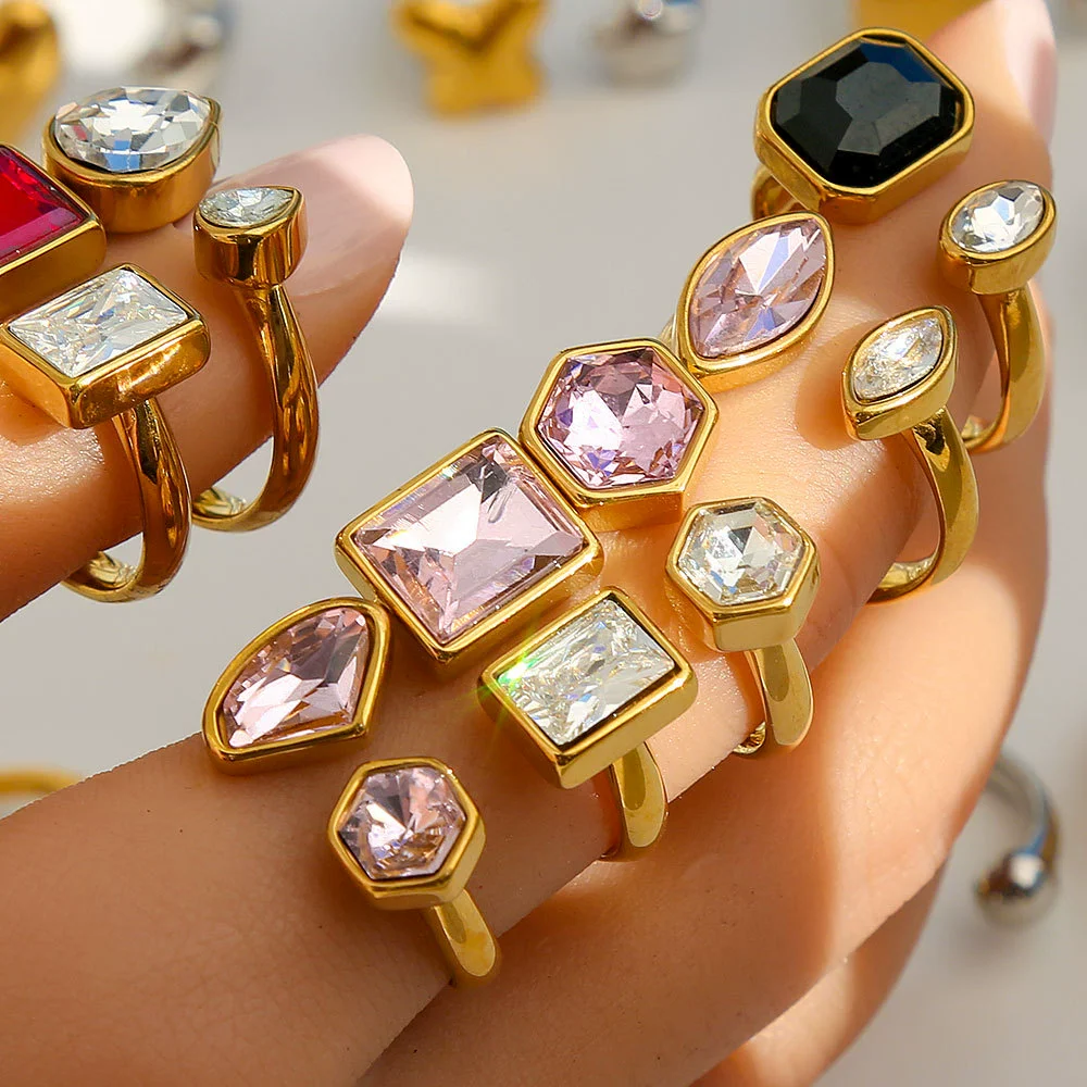 Fashionable Antique Electroplated Geometric Natural Semiprecious Stone Hexagonal Rhombus Ring Unisex Accessories - Image 4