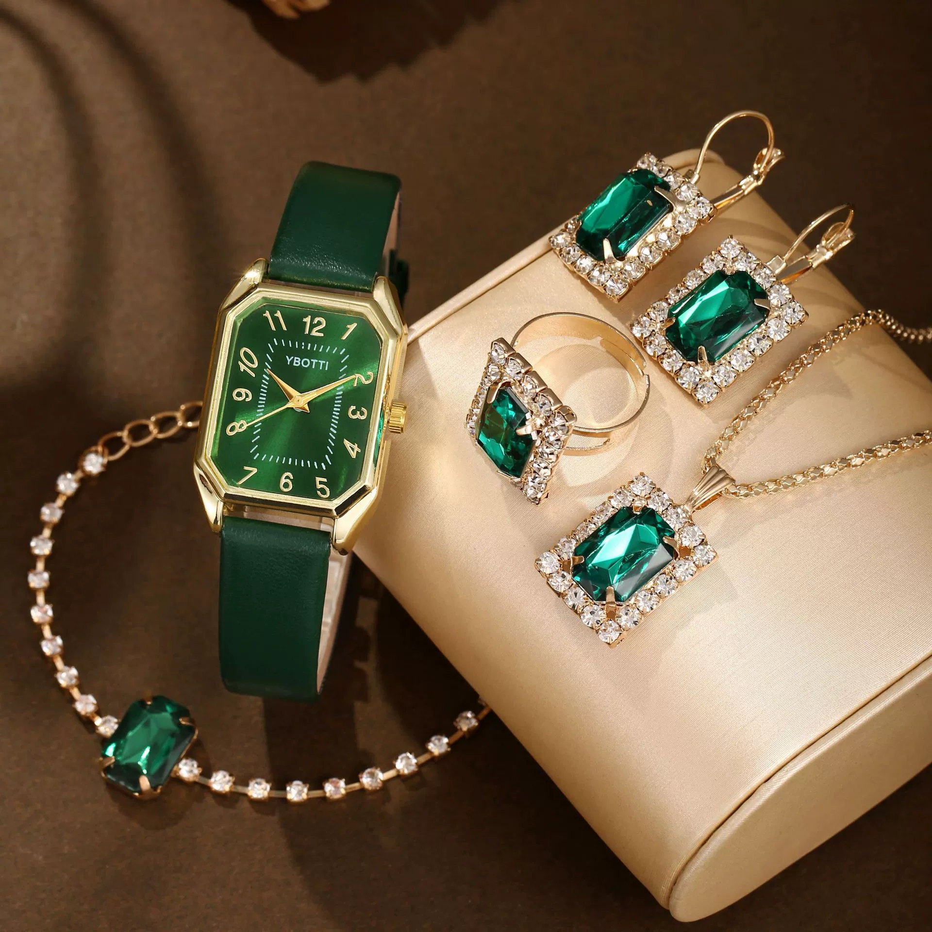 Fashionable Casual Leather Women's Square Quartz Watch And Rhinestone Jewelry Set With Stainless Steel And Pu Materials - Image 2