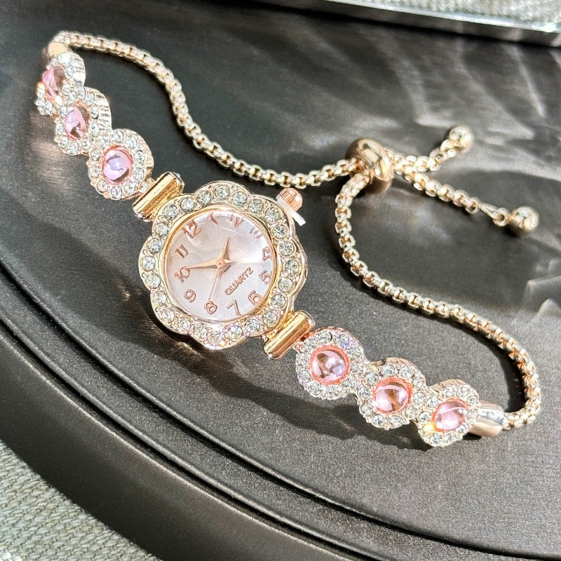 Fashionable Chalcedony Diamond Women's Alloy Watch With Round Dial And Pullout Bracelet