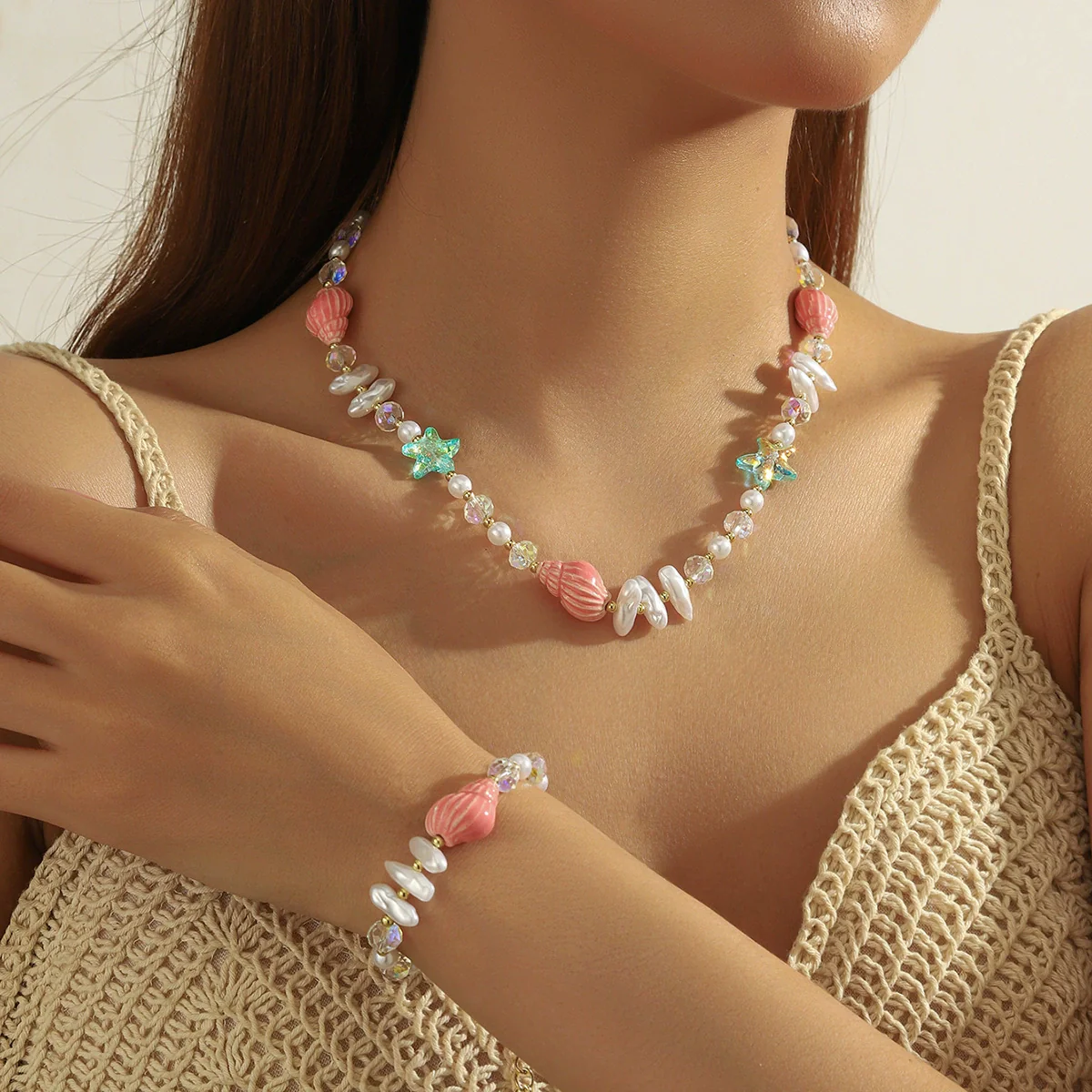 Fashionable Colorful Conch And Starfish Beaded Necklace And Bracelet Set With Imitation Pearls Porcelain Pendant Sea Life Pattern Electroplating For Women