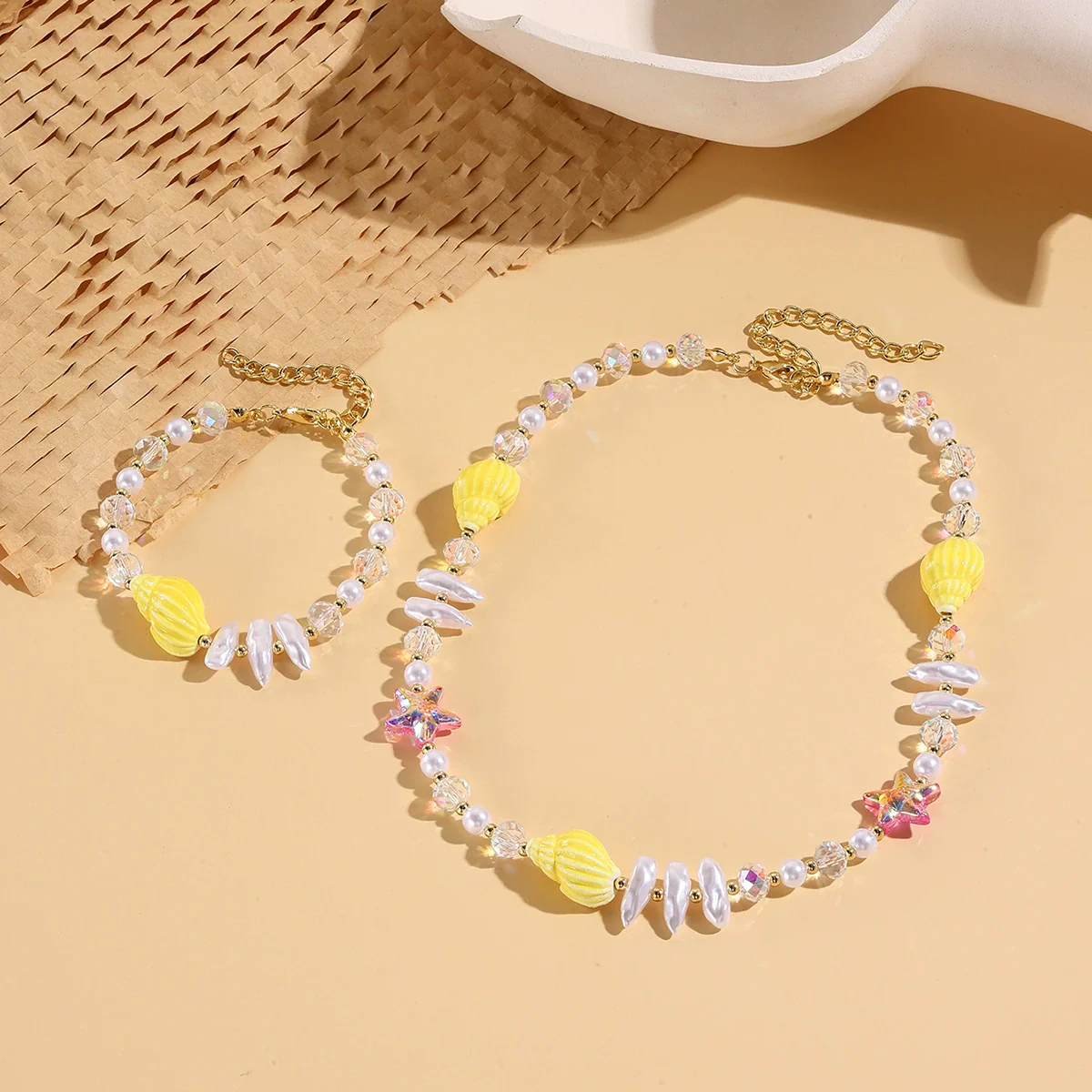 Fashionable Colorful Conch And Starfish Beaded Necklace And Bracelet Set With Imitation Pearls Porcelain Pendant Sea Life Pattern Electroplating For Women - Image 11
