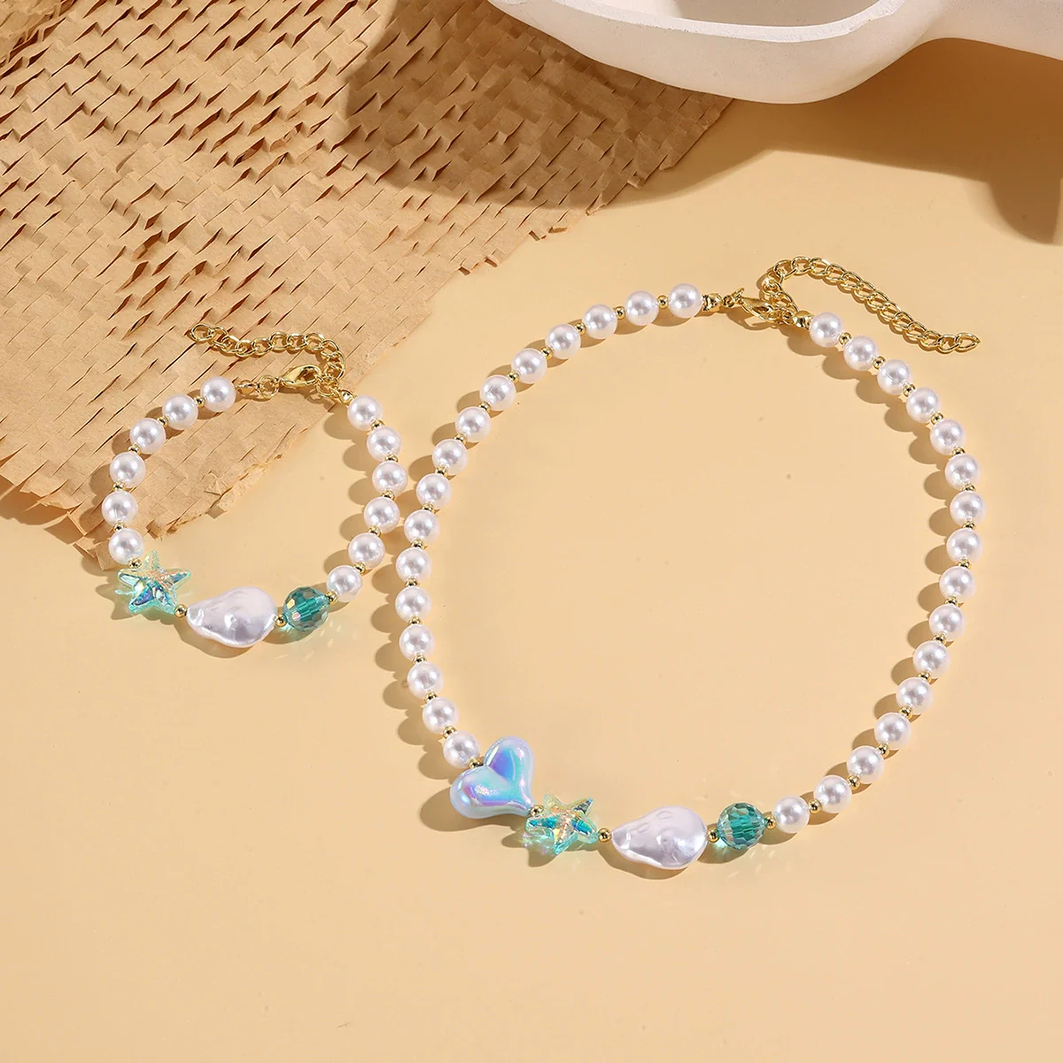 Fashionable Colorful Conch And Starfish Beaded Necklace And Bracelet Set With Imitation Pearls Porcelain Pendant Sea Life Pattern Electroplating For Women - Image 14