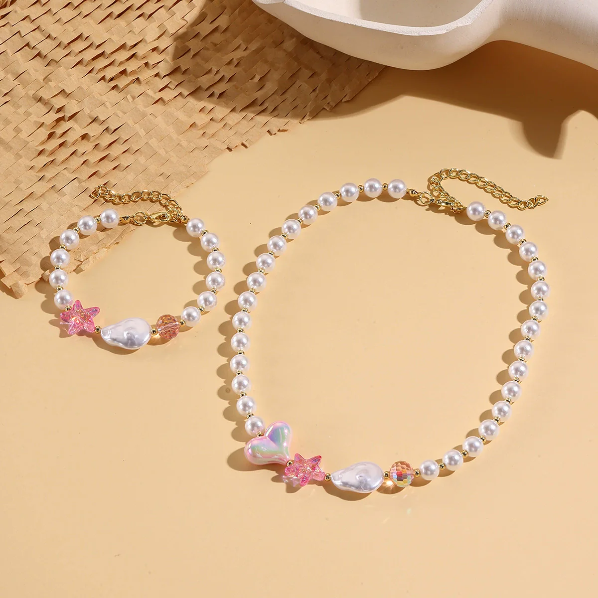 Fashionable Colorful Conch And Starfish Beaded Necklace And Bracelet Set With Imitation Pearls Porcelain Pendant Sea Life Pattern Electroplating For Women - Image 17