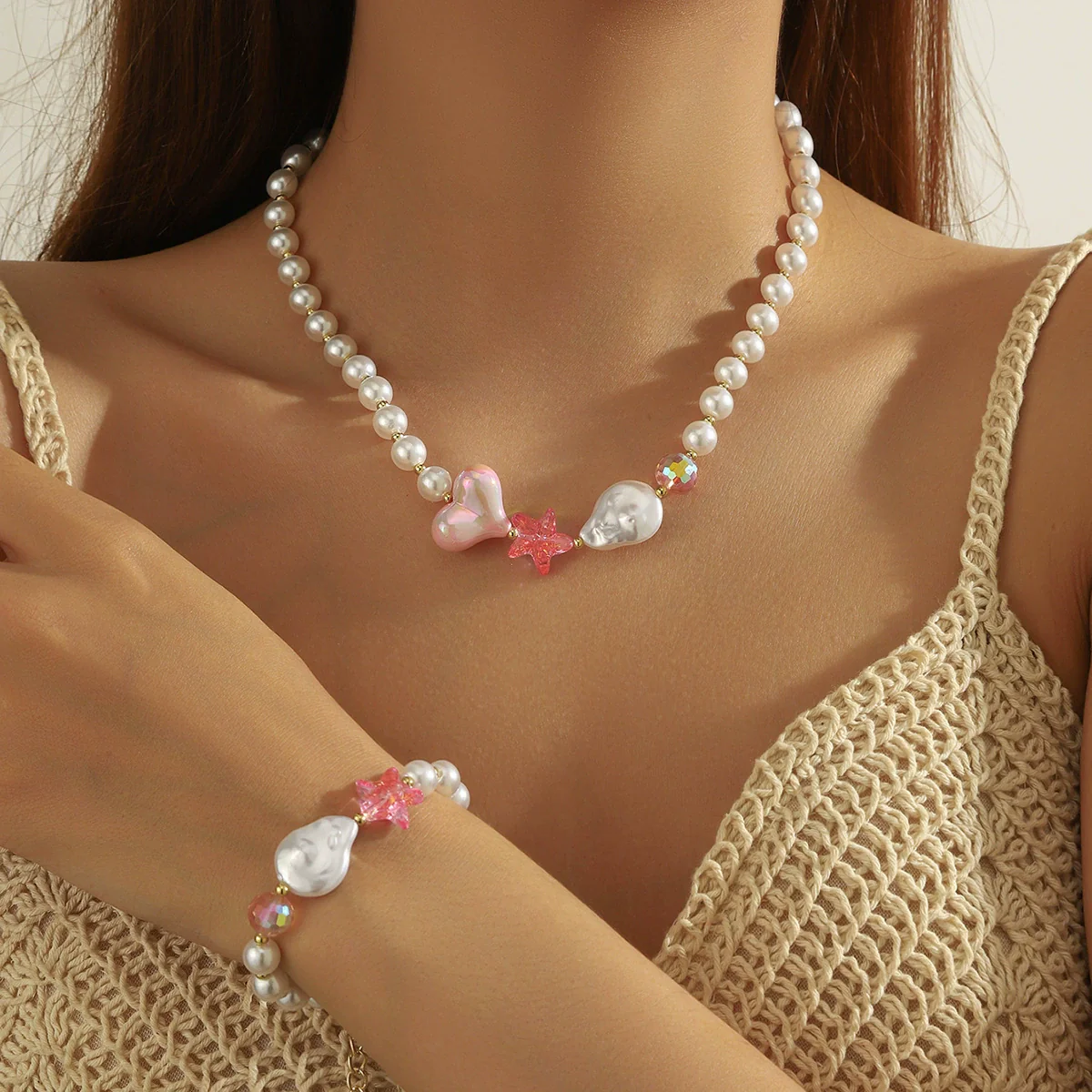 Fashionable Colorful Conch And Starfish Beaded Necklace And Bracelet Set With Imitation Pearls Porcelain Pendant Sea Life Pattern Electroplating For Women - Image 2