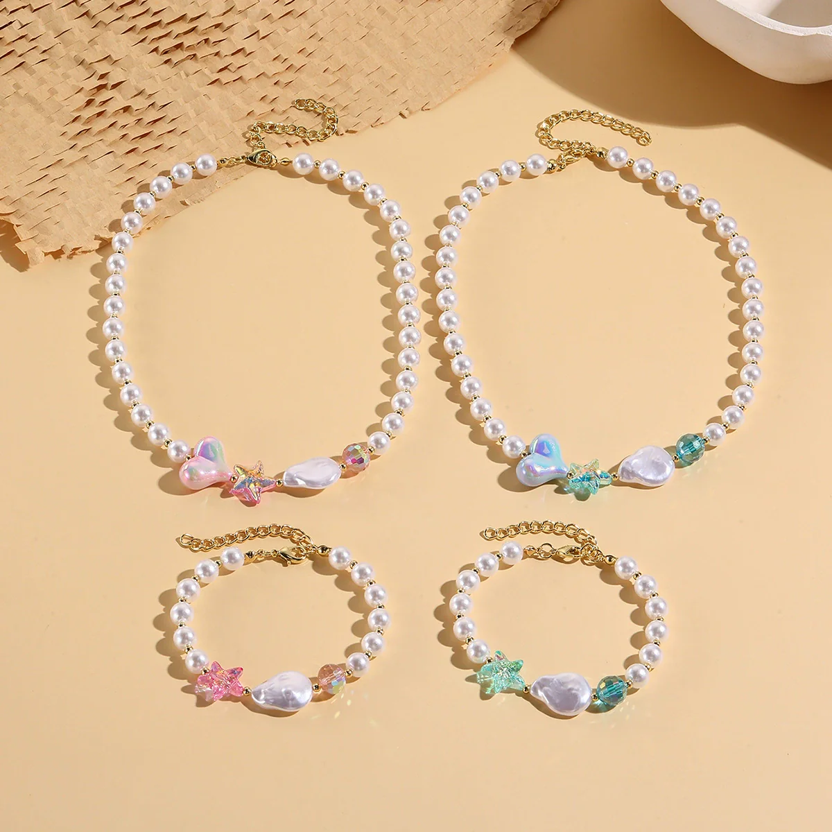 Fashionable Colorful Conch And Starfish Beaded Necklace And Bracelet Set With Imitation Pearls Porcelain Pendant Sea Life Pattern Electroplating For Women - Image 3