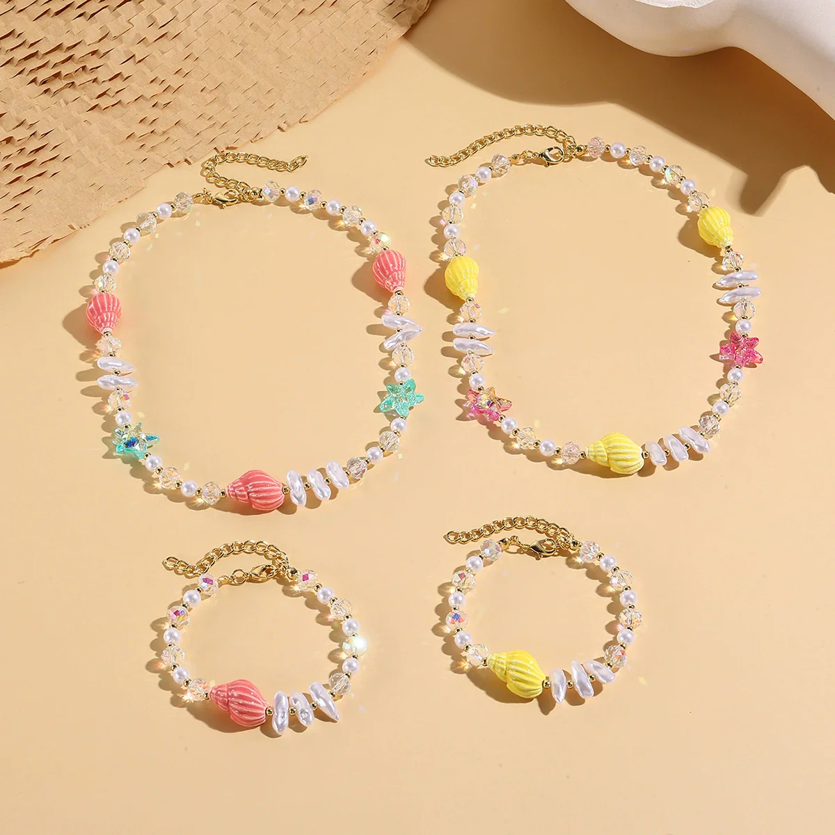 Fashionable Colorful Conch And Starfish Beaded Necklace And Bracelet Set With Imitation Pearls Porcelain Pendant Sea Life Pattern Electroplating For Women - Image 4