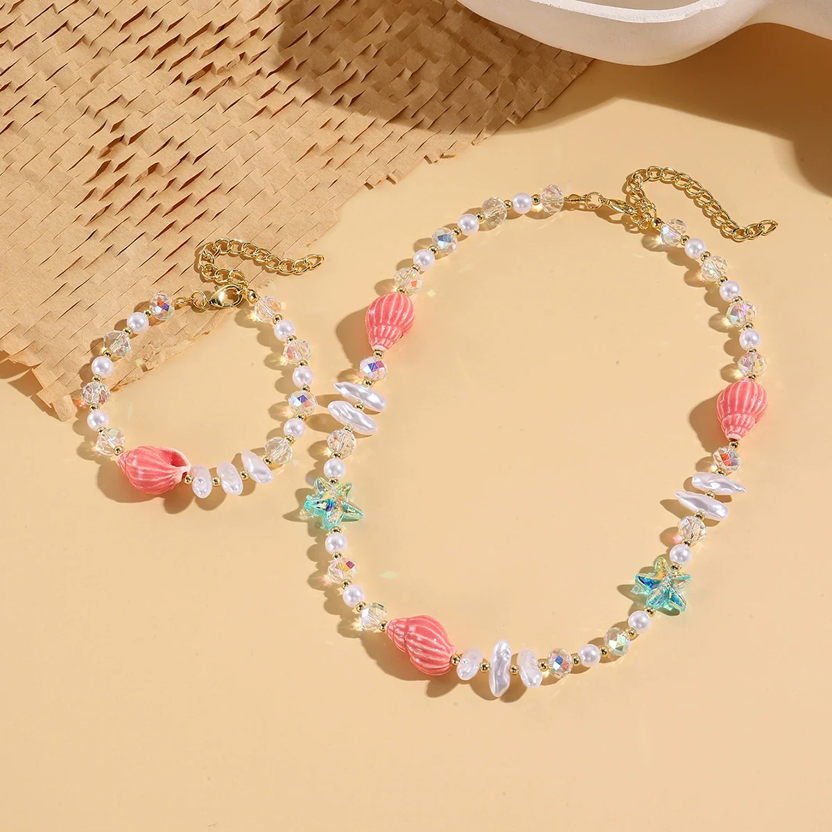 Fashionable Colorful Conch And Starfish Beaded Necklace And Bracelet Set With Imitation Pearls Porcelain Pendant Sea Life Pattern Electroplating For Women - Image 8