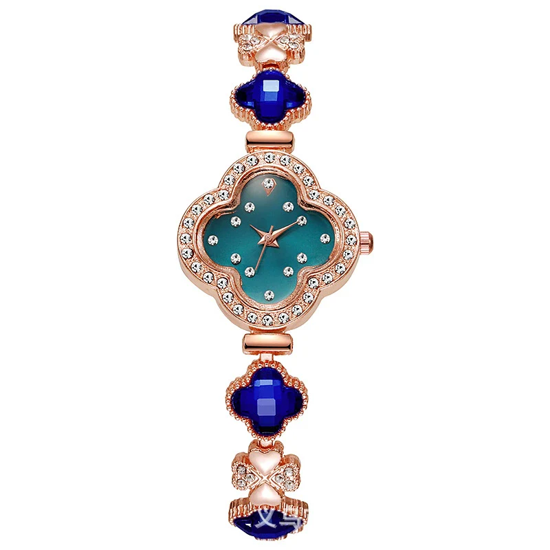 Fashionable Fresh Style Women's Alloy And Stainless Steel Rhinestone Fourleaf Clover Bracelet Watch