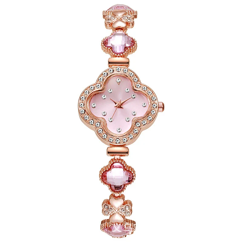 Fashionable Fresh Style Women's Alloy And Stainless Steel Rhinestone Fourleaf Clover Bracelet Watch - Image 2