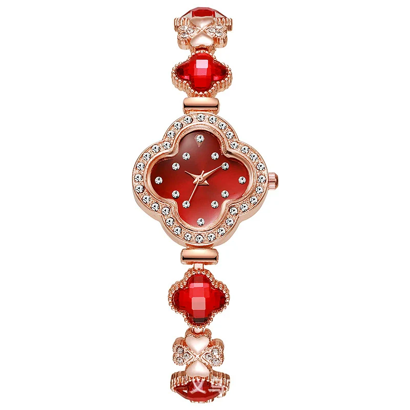 Fashionable Fresh Style Women's Alloy And Stainless Steel Rhinestone Fourleaf Clover Bracelet Watch - Image 3