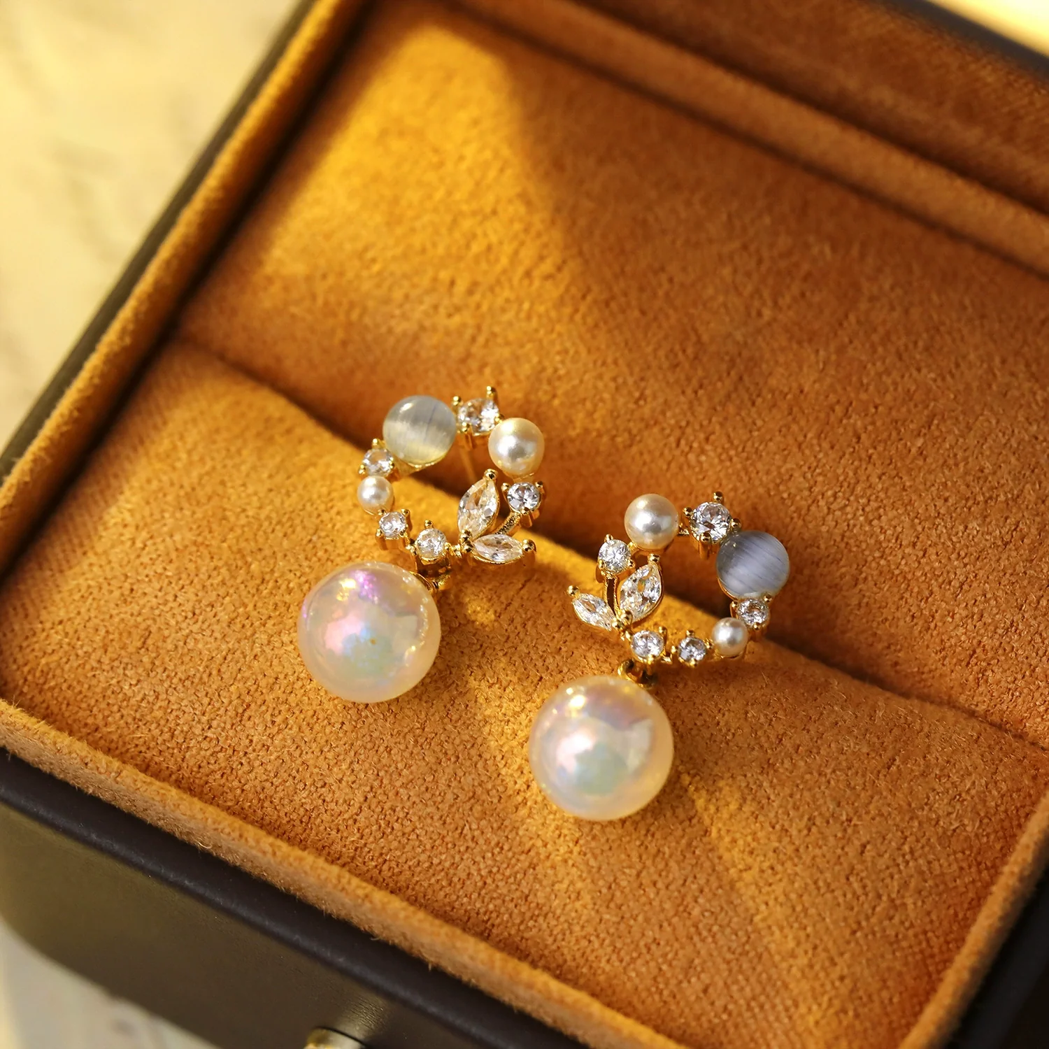 Fashionable Mermaid Style Copper Earrings With Blue Cat's Eye Stone And Geometric Pattern Electroplated For Women - Image 3