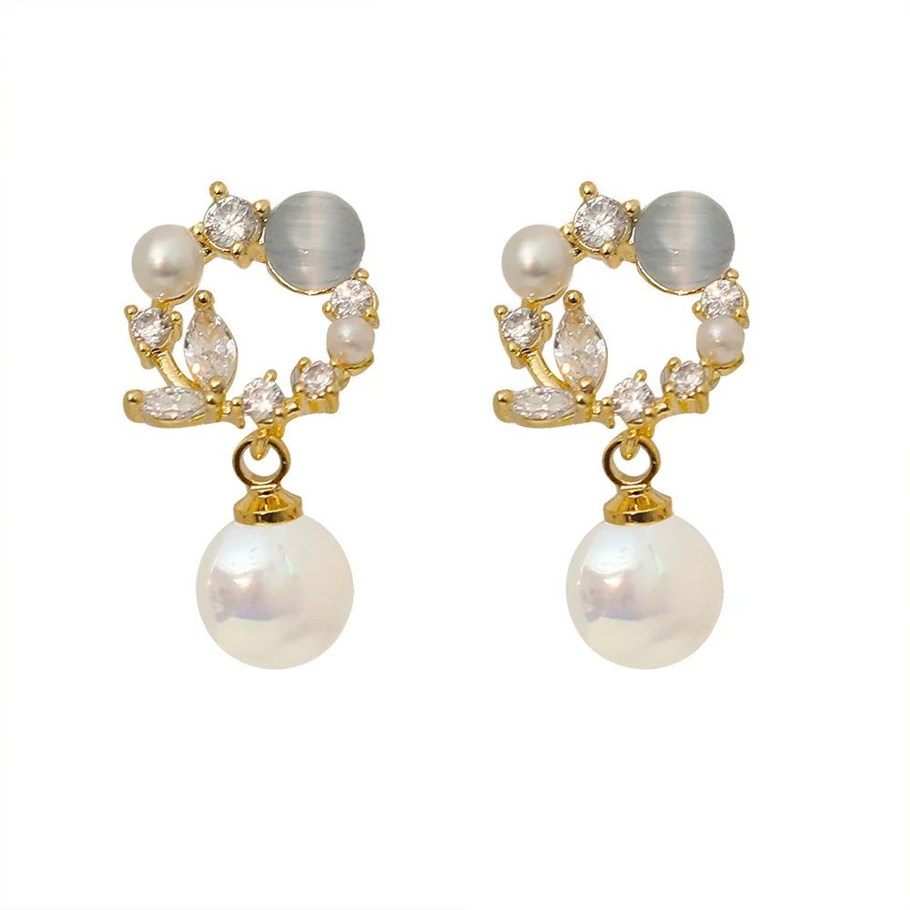 Fashionable Mermaid Style Copper Earrings With Blue Cat's Eye Stone And Geometric Pattern Electroplated For Women - Image 5