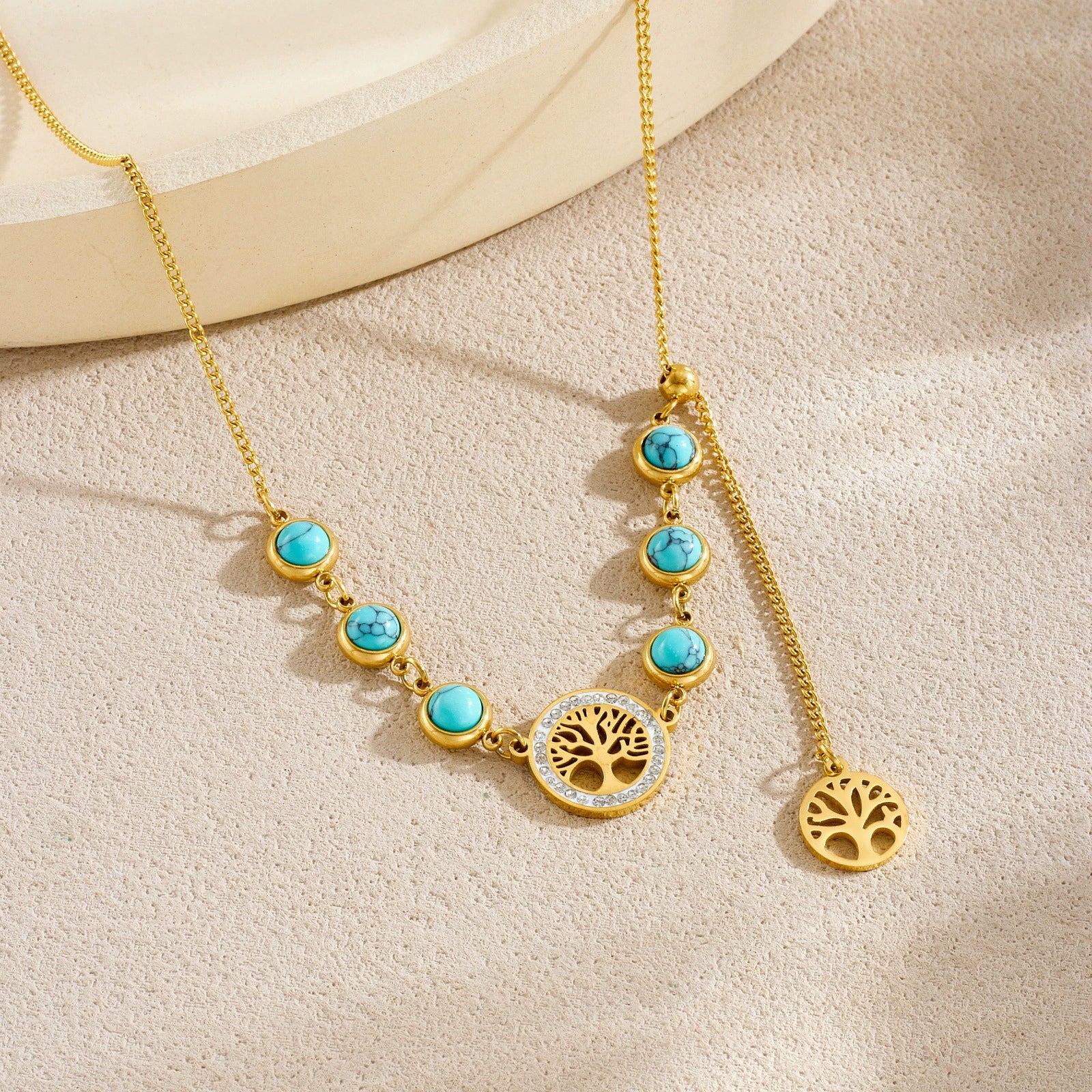 Fashionable Retro Round Tree Of Life Pendant Tassel Goldplated Stainless Steel Necklace For Women - Image 2