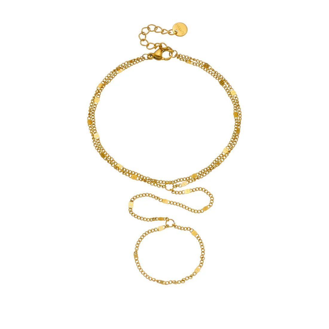 Fashionable Simple Design Doublelayered Thin Chain Goldplated Stainless Steel Ring Bracelet Integrated Hand Chain For Women - Image 5