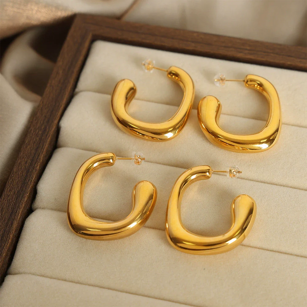 Fashionable Unisex Geometric Titanium Steel Gold Plated Earrings - Image 4