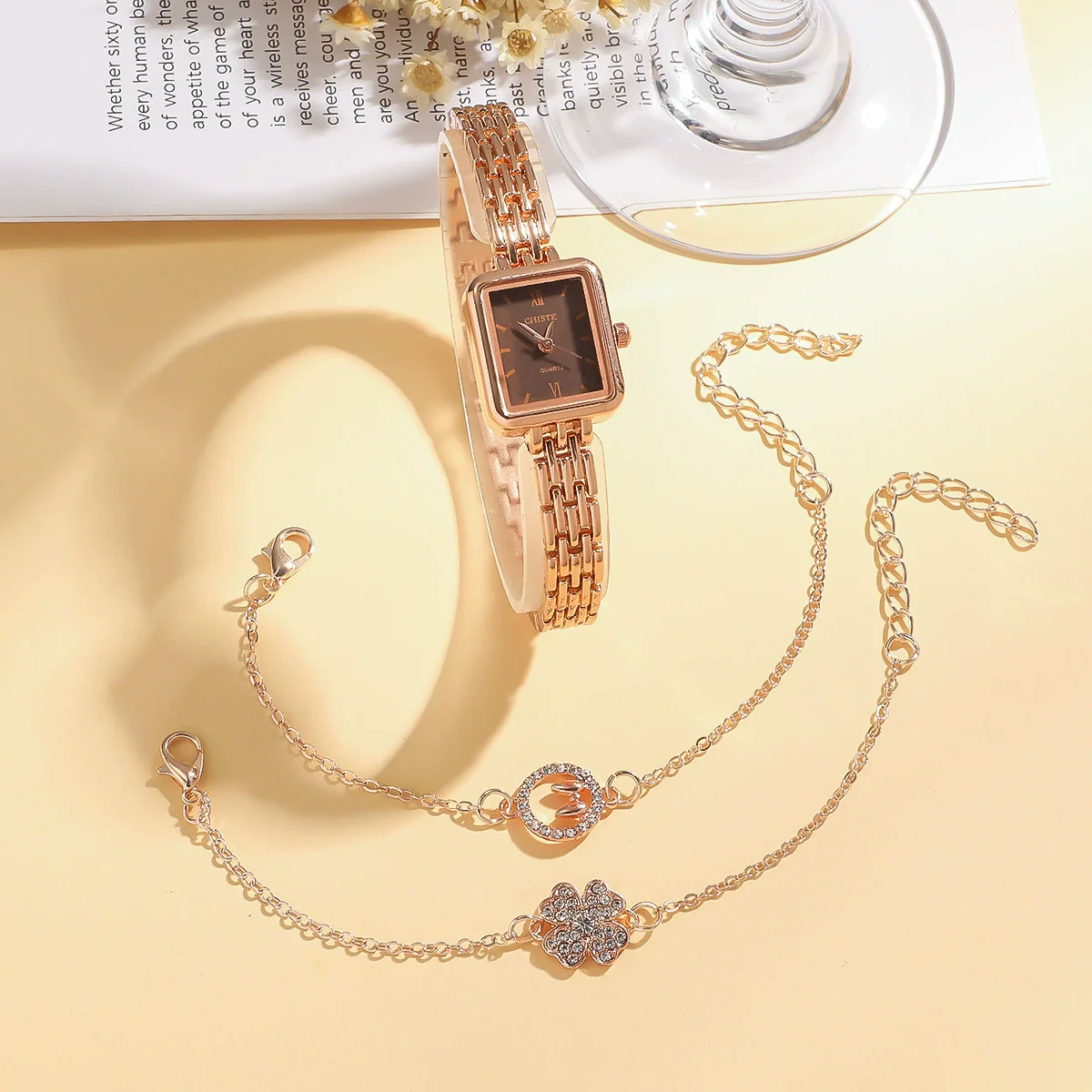 Fashionable Versatile Alloy Strap Round Dial Diamondencrusted Women's Watch And Flower Bracelet Set - Image 4