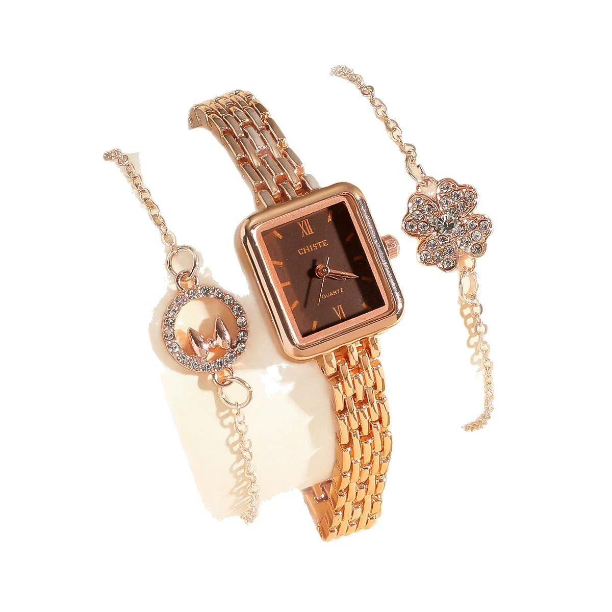 Fashionable Versatile Alloy Strap Round Dial Diamondencrusted Women's Watch And Flower Bracelet Set - Image 5