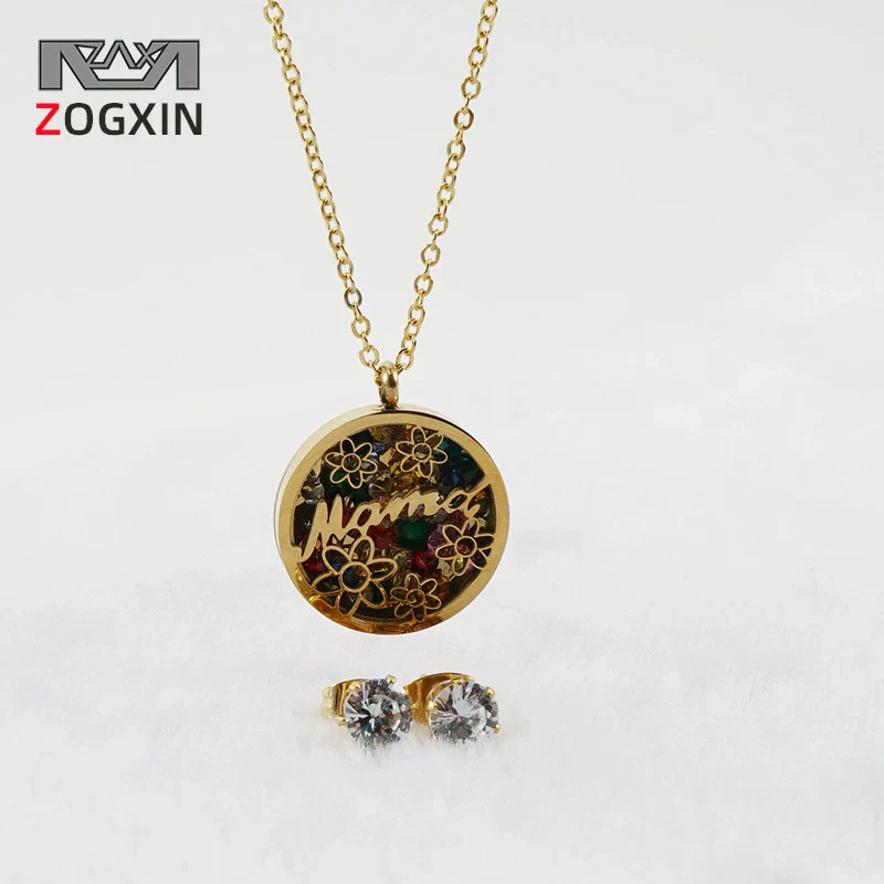 Fashionable Versatile Necklace Set 316L Stainless Steel Organic Glass Letter Pattern Electroplated Cross Chain