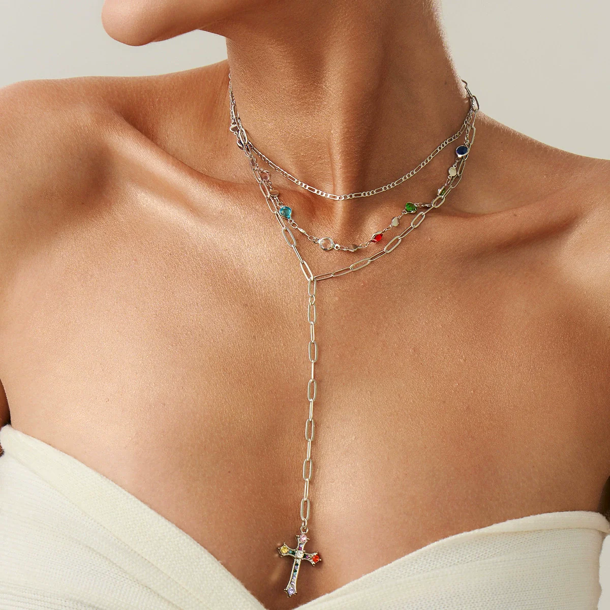 Fashionable Yshaped Tassel Necklace For Women Alloy Geometric Electroplating Doublelayer Cross Pendant Clavicle Chain - Image 15