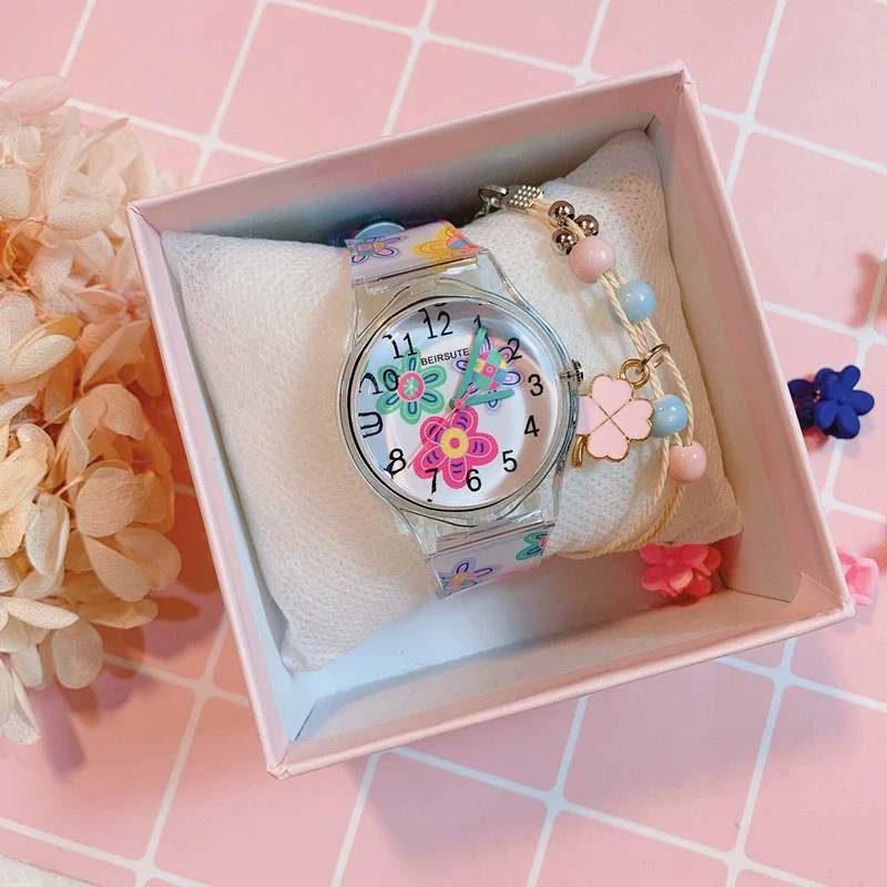 Female Cartoon Style Flower Heart Design Alloy Case And Silicone Strap Round Dial Watch