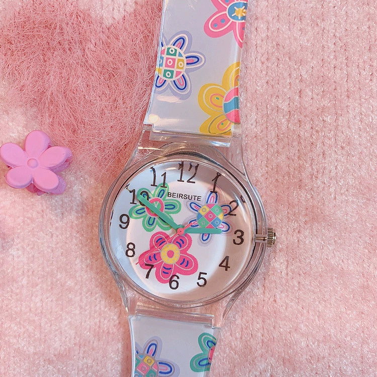 Female Cartoon Style Flower Heart Design Alloy Case And Silicone Strap Round Dial Watch - Image 6