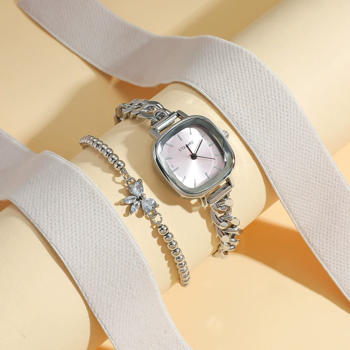 Female Fashionable Purple Aurora Dial Alloy Square Bracelet Watch With Butterfly Rhinestone And Stainless Steel Buckle - Image 2