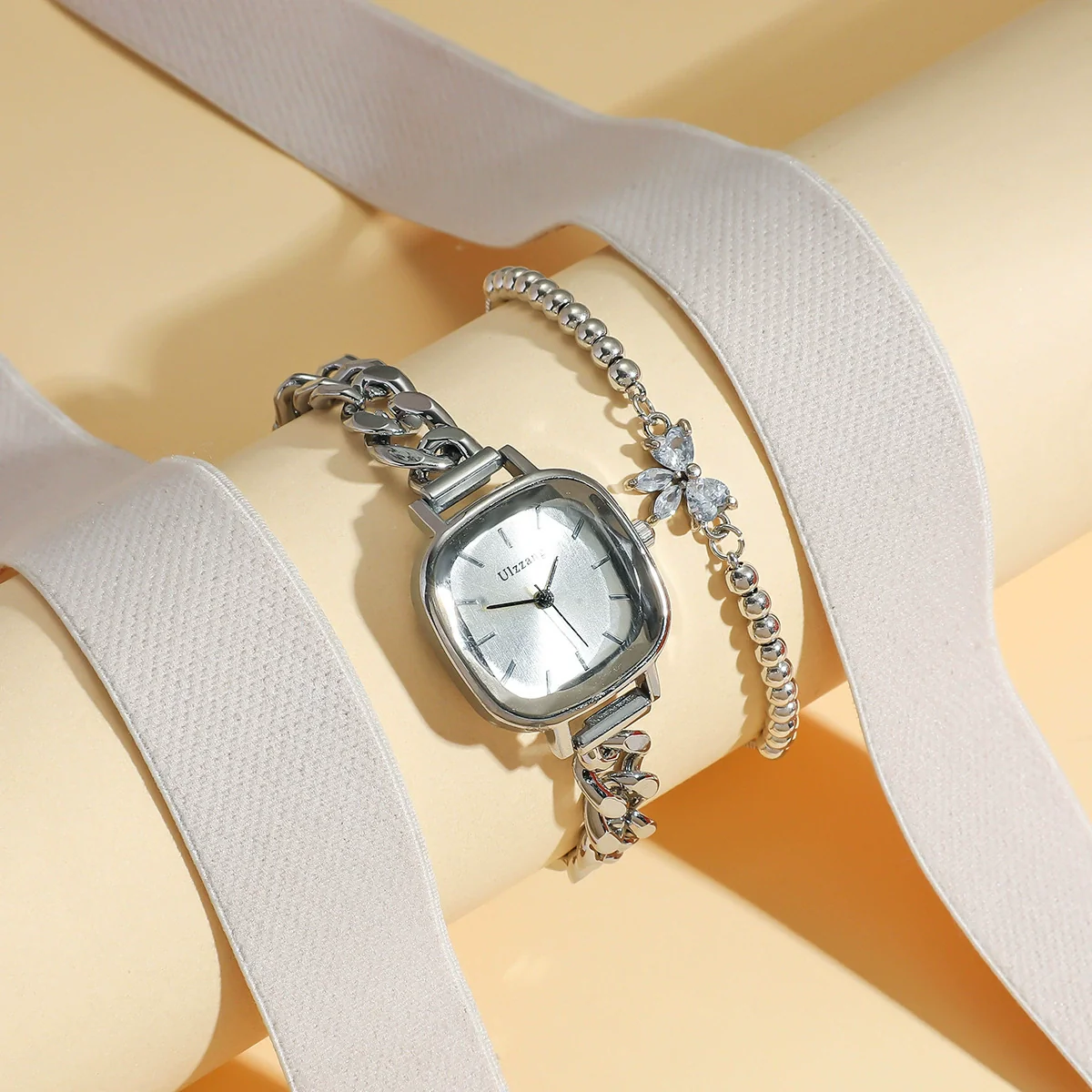 Female Fashionable Purple Aurora Dial Alloy Square Bracelet Watch With Butterfly Rhinestone And Stainless Steel Buckle - Image 5
