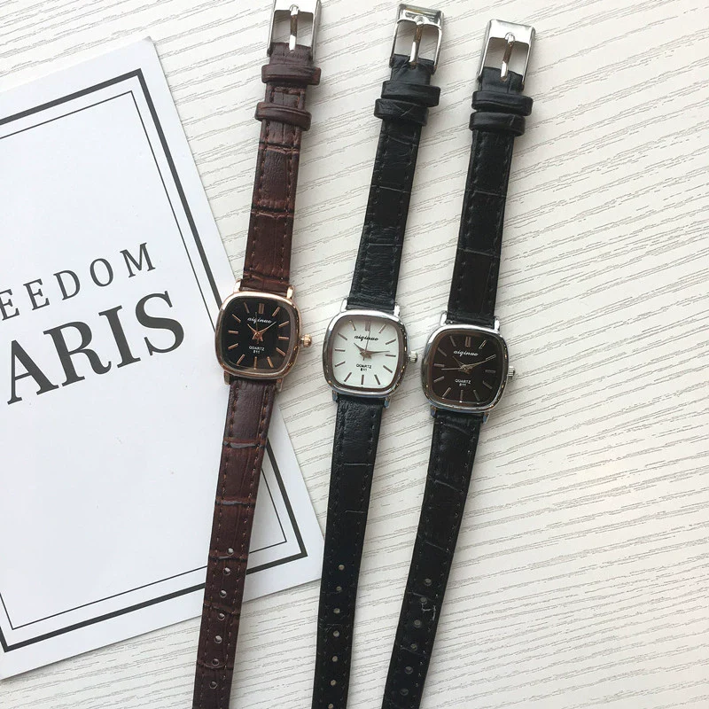 Female Student Casual Quartz Watch Alloy Case Stainless Steel Clasp Imitation Leather Strap Square Dial Antique Style - Image 5