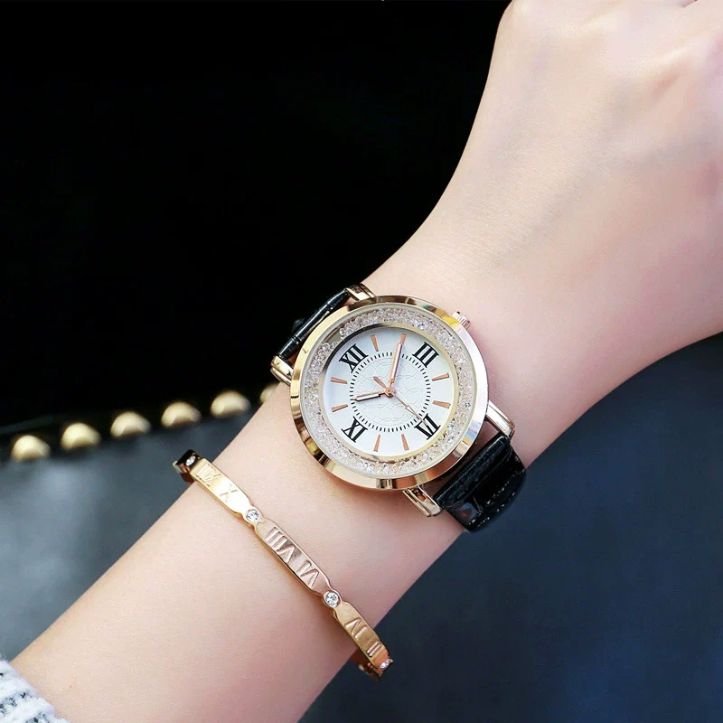 Female Student Fashion Quartz Watch With Rhinestones Alloy Case Genuine Leather Strap Round Dial - Image 2
