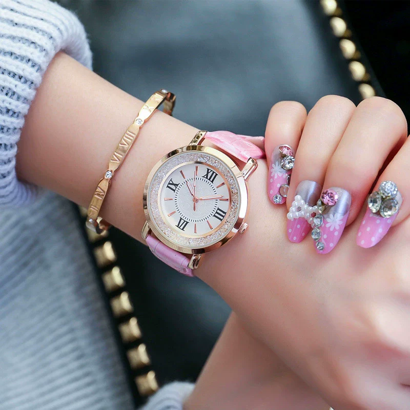 Female Student Fashion Quartz Watch With Rhinestones Alloy Case Genuine Leather Strap Round Dial - Image 4