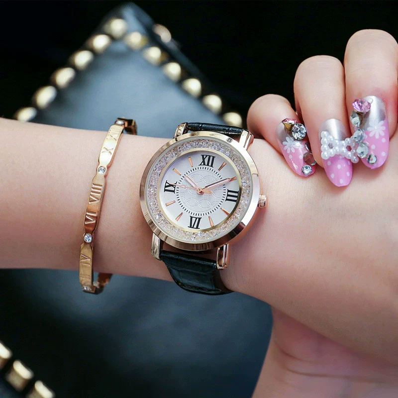 Female Student Fashion Quartz Watch With Rhinestones Alloy Case Genuine Leather Strap Round Dial - Image 5